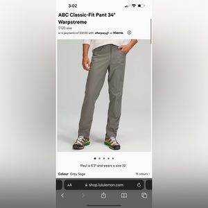 ABC Pant Classic-Fit 36W 34L.
Color: Grey Sage
Bought in August of 2022.